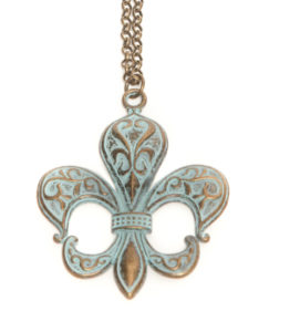 Antique Brass & Blue Large Fleur De Lis Necklace