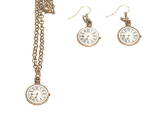 Antique Brass Clock Necklace and Earring Set