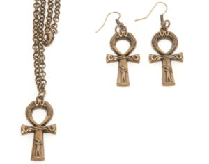 Antique Brass Hiroglif Necklace and Earring Set