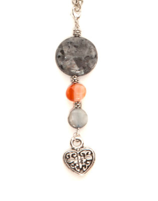 Silver Plated Beaded Heart Pendant with Gray stone