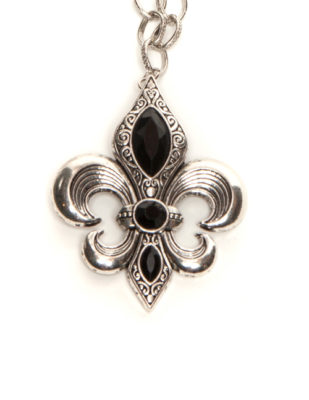 Large Silver Plated Fleur De Lis with Black Accents Necklace