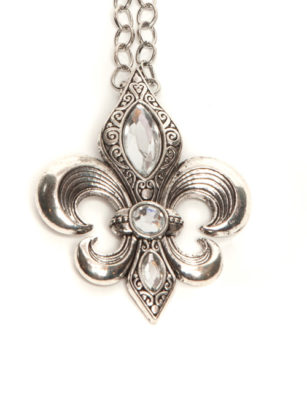Silver Plated Fleur De Lis Pendant Necklace with Crystals