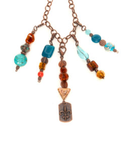 5 Pendant Copper, Aqua, & Brown with Dangling Fleur De Lis Necklace
