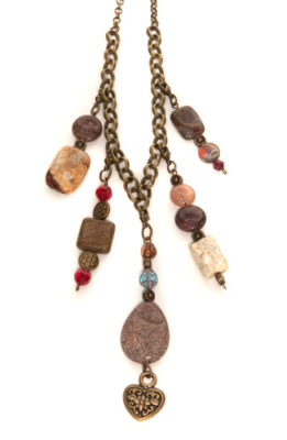 5 Pendant Brass & Earthtone Necklace with Dangling Heart