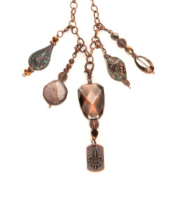 5 Pendant Copper, Patina & Bronze Necklace with Dangling Fleur De Lis