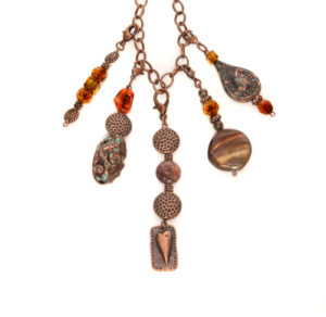 5 Pendant Copper, Patina, & Amber Necklace with Dangling Heart