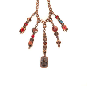 5 Pendant Copper and Red Glass Necklace with Dangling Fleur De Lis