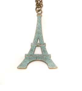 Antique Brass & Blue Eiffel Tower Pendant Necklace
