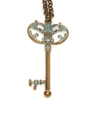 Antique Brass & Blue Key Pendant Necklace