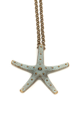 Antique Brass & Blue Starfish Pendant Necklace