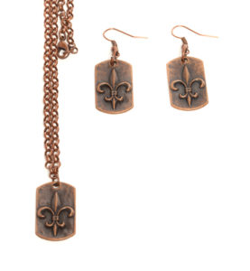 Dog Tag Fleur De Lis Necklace & Earring Set - Copper Colored