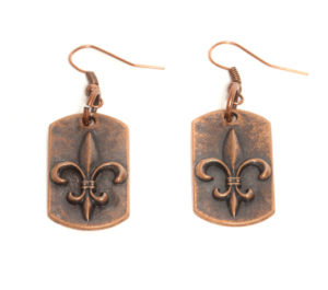 Dog Tag Fleur De Lis Earrings - Copper Colored