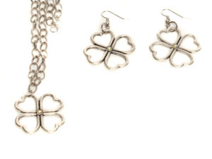 Clover Necklace & Earring with Rhinestone- Silver Plated