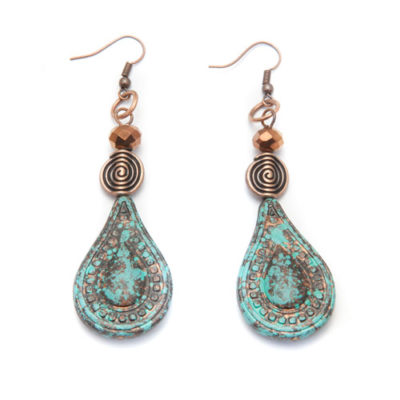 Antique Copper Earrings with Teardrop Patina Bead and Spiral Spacers - Best Seller!