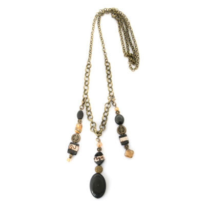 3 Pendant Antique Brass Necklace with Black & Amber Beads