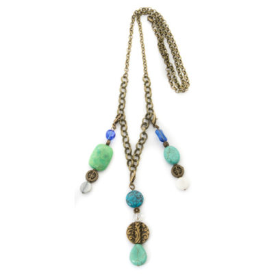 3 Pendant Antique Brass Necklace with Blue, Green & White Beads
