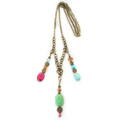3 Pendant Antique Brass Necklace with Light Multi Colored Beads