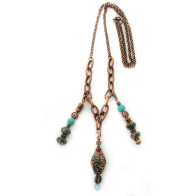 3 Pendant Copper Colored Necklace Large Patina & Blue Beads