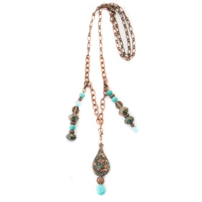 3 Pendant Copper Colored Necklace with Patina Teardrop & Blue Beads