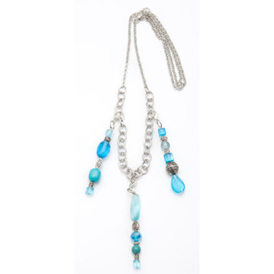 3 Pendant Silver Plated Necklace with Variety of Aqua Beads