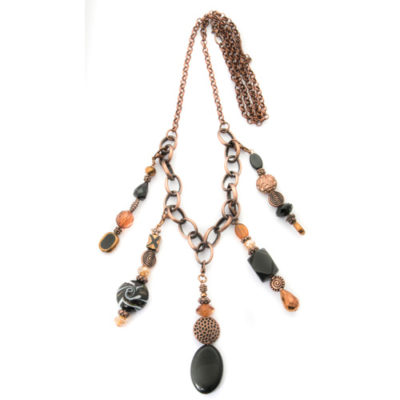 5 Pendant Copper Colored Necklace with Black & Amber Beads